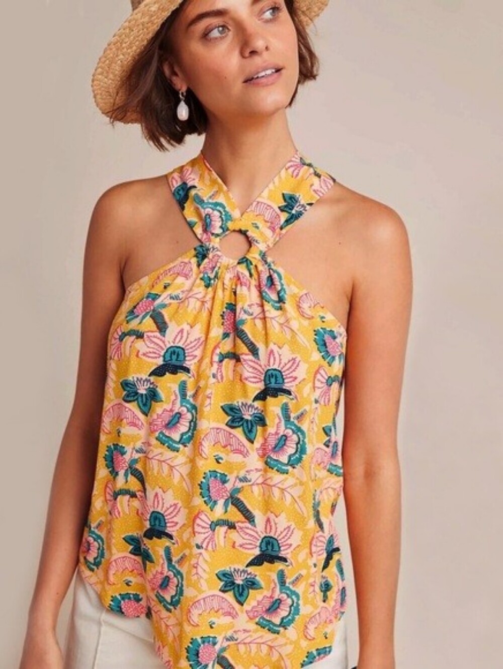 Maeve Anthropologie | Gold Floral Mica Halter Top Ring Detail Size 12